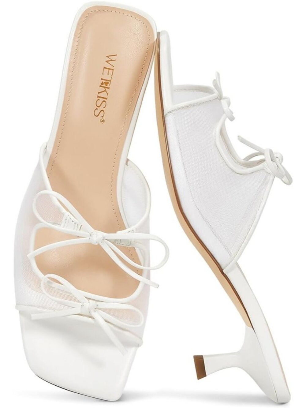 Women's Dreamy White Mesh Comfortable Fashionable Bow Kitten Heeled Sandals